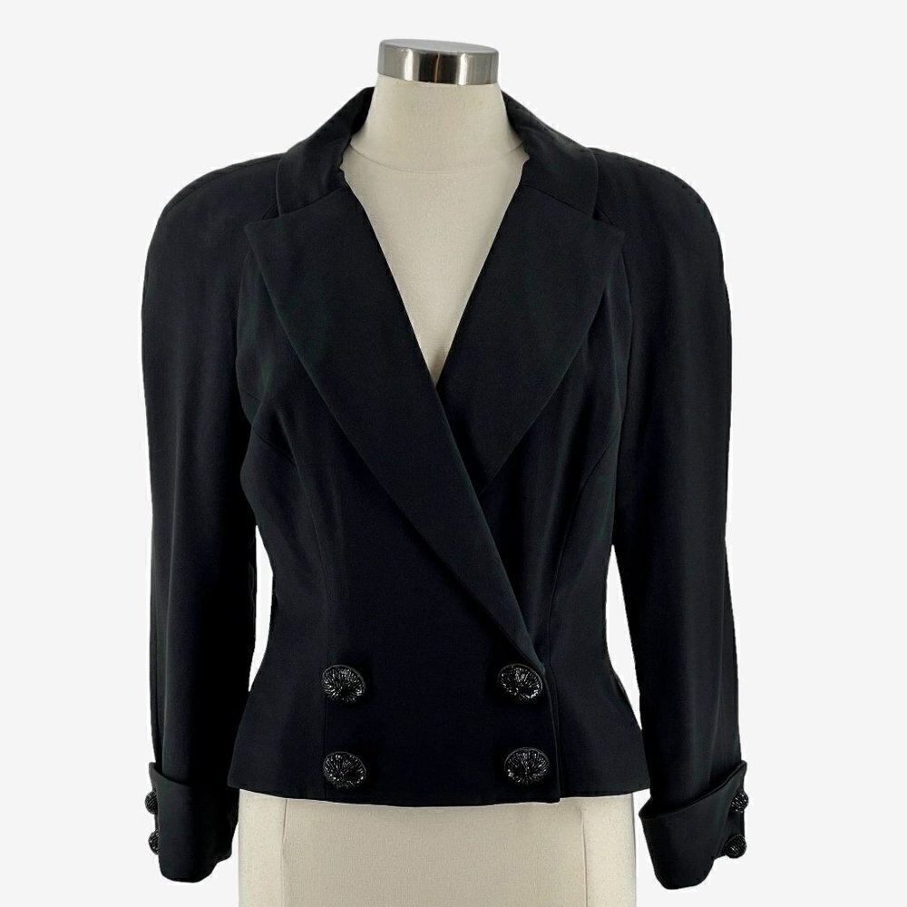 YT by Travilla Vintage 80s Black Crepe Satin Beaded Button Evening Jacket Medium